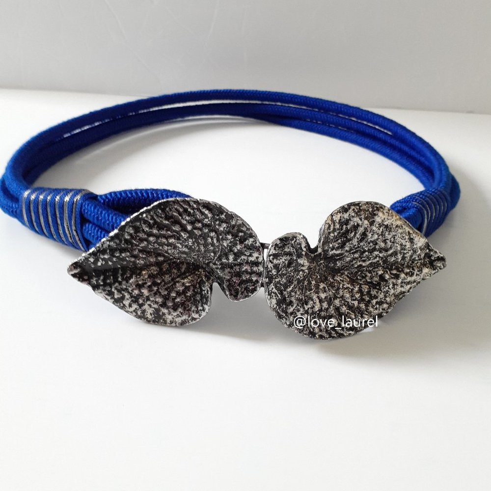 Three Cord Blue Belt With Silvertone Leaf Buckle